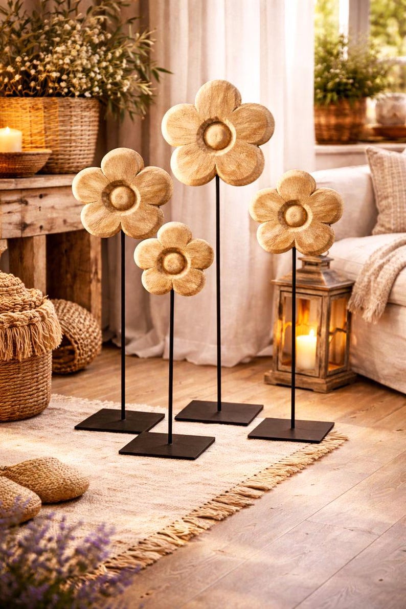 Holzblume auf Metallständer 3 Größen 130/90/50 cm Deko Holz Wohnaccessoire
