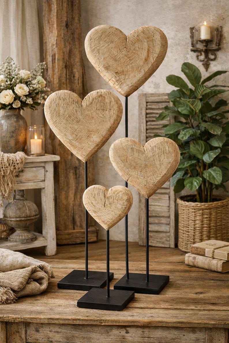 Massivholz Herz auf Metallständer 3 Größen, Holzdeko, Herz Geschenk