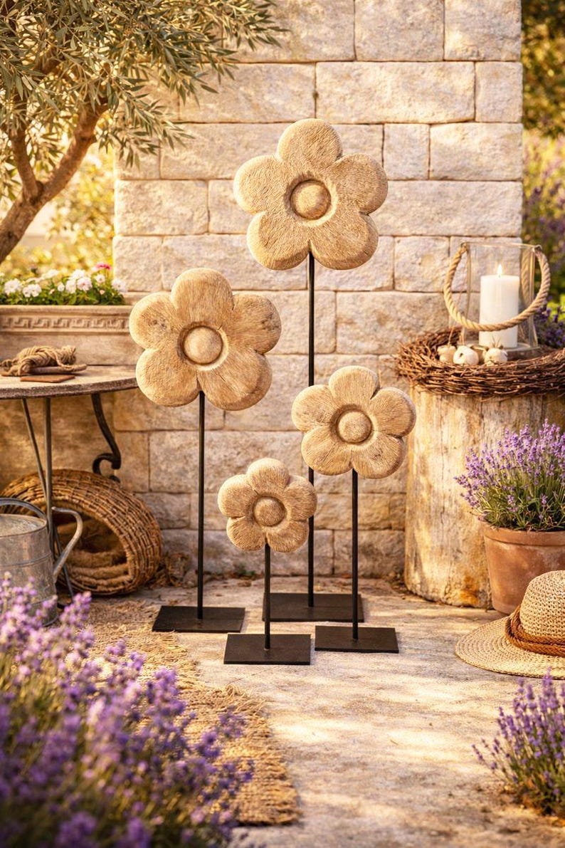 Holzblume auf Metallständer 3 Größen 130/90/50 cm Deko Holz Wohnaccessoire