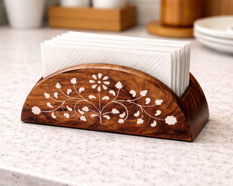 2er Set Holz Seidenpapierhalter mit Blumenmuster für Tischplatte Serviettenhalter