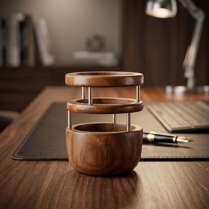 Teakholz Stifthalter, handgefertigter Schreibtischorganisator, rundes Design, 9,5 cm Durchmesser, Büro & Zuhause