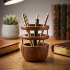 Teakholz Stifthalter, handgefertigter Schreibtischorganisator, rundes Design, 9,5 cm Durchmesser, Büro & Zuhause
