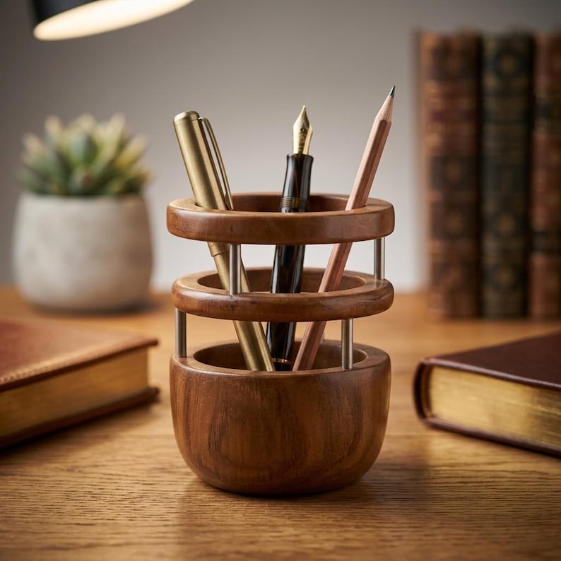 Teakholz Stifthalter, handgefertigter Schreibtischorganisator, rundes Design, 9,5 cm Durchmesser, Büro & Zuhause