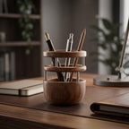 Teakholz Stifthalter, handgefertigter Schreibtischorganisator, rundes Design, 9,5 cm Durchmesser, Büro & Zuhause