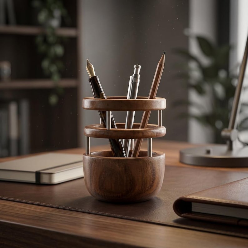 Teakholz Stifthalter, handgefertigter Schreibtischorganisator, rundes Design, 9,5 cm Durchmesser, Büro & Zuhause
