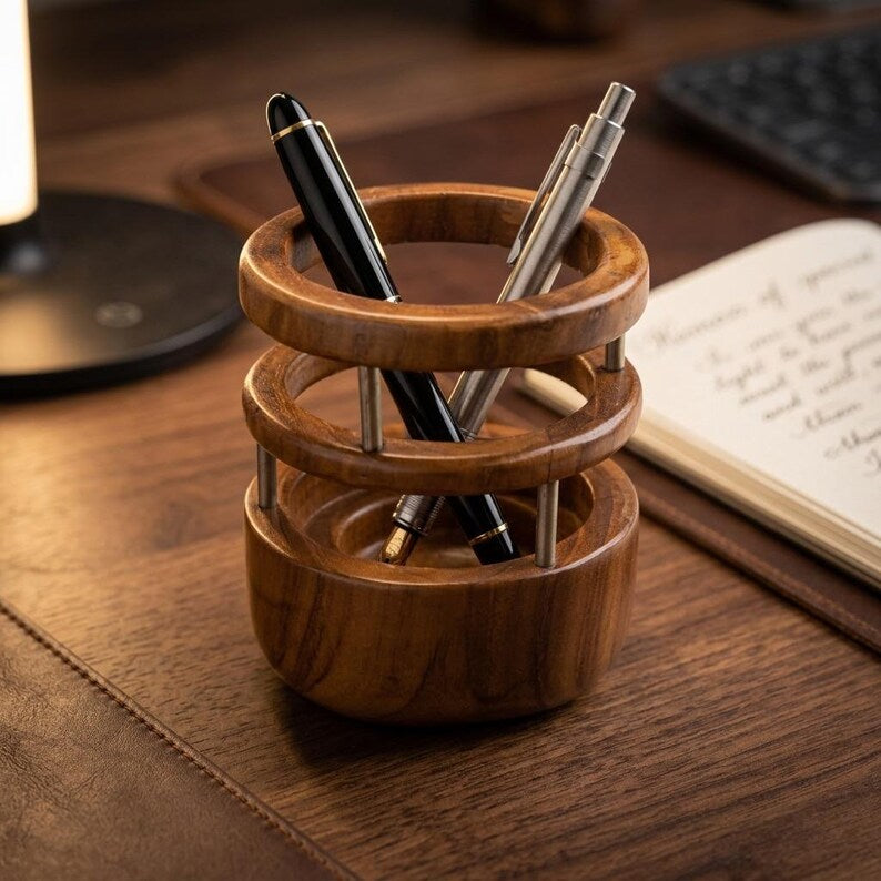 Teakholz Stifthalter, handgefertigter Schreibtischorganisator, rundes Design, 9,5 cm Durchmesser, Büro & Zuhause