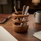 Teakholz Stifthalter, handgefertigter Schreibtischorganisator, rundes Design, 9,5 cm Durchmesser, Büro & Zuhause