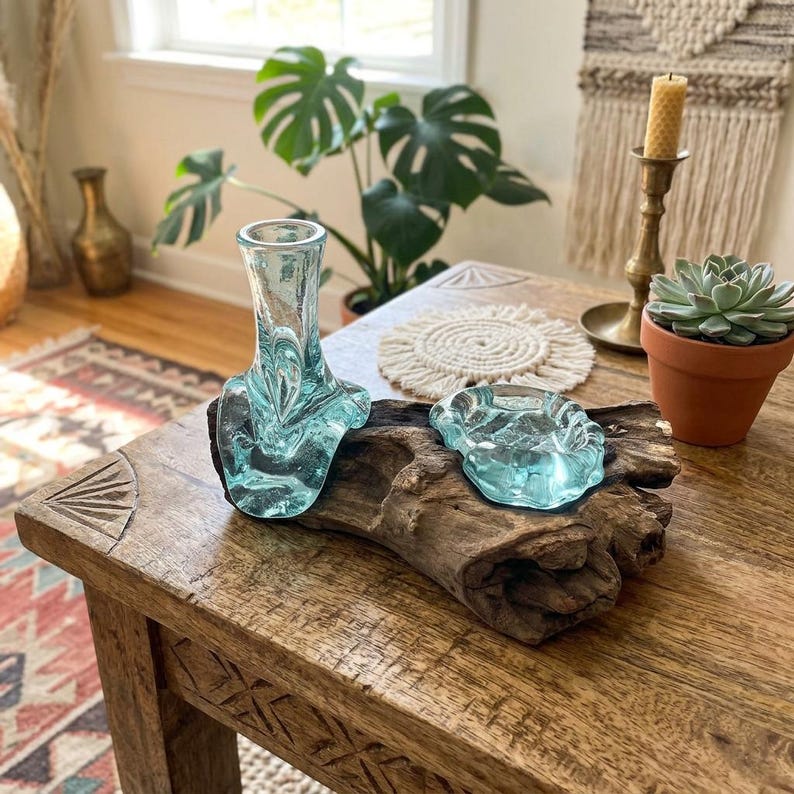 Treibholz-Glasvase mit Teelichthalter – Geschmolzenes Glas auf Holz, rustikales Walddekor, Mini-Blumenvase
