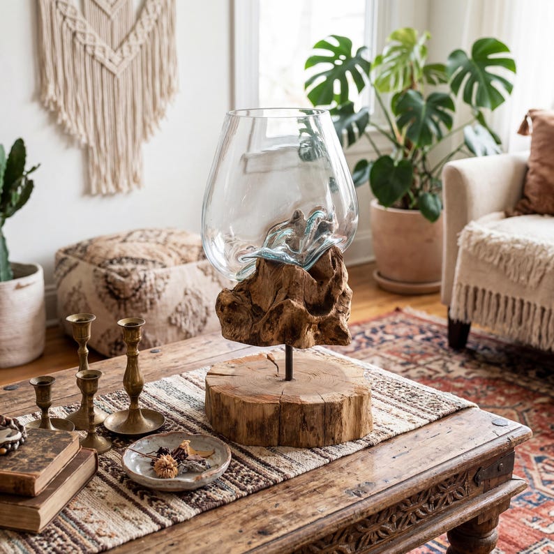Mundgeblasene Glasvase auf Holzständer, Treibholz-Mittelstück, Boho Wohndekor
