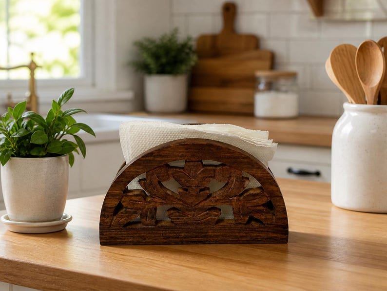 Serviettenhalter aus geschnitztem Holz, floral, rustikal, 18x10 cm, Massivholz