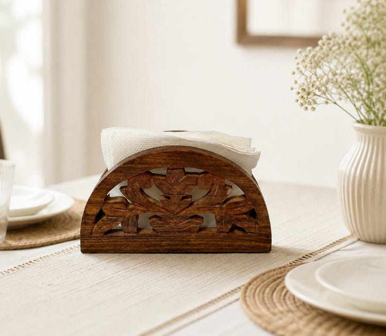 Serviettenhalter aus geschnitztem Holz, floral, rustikal, 18x10 cm, Massivholz