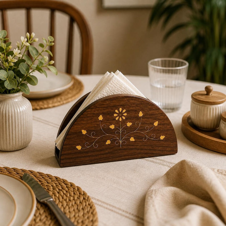Serviettenhalter aus Holz mit Messingverzierung und floraler Gravur, Tischdeko-Organizer, Einzugsgeschenk