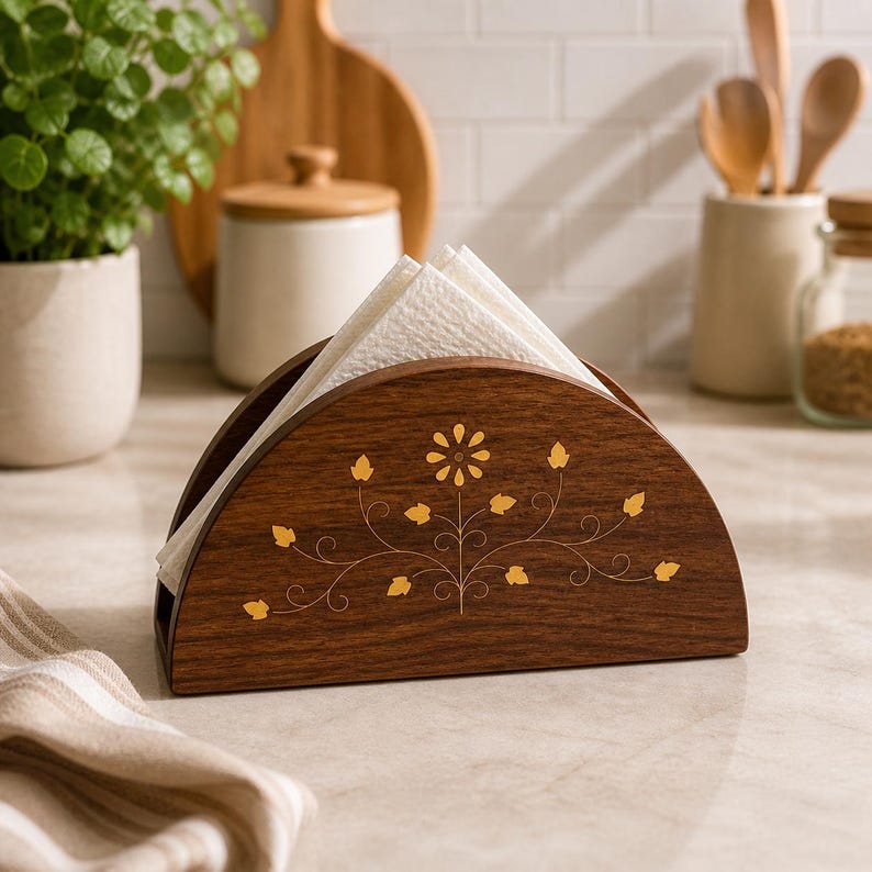 Serviettenhalter aus Holz mit Messingverzierung und floraler Gravur, Tischdeko-Organizer, Einzugsgeschenk