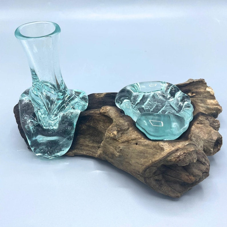 Treibholz-Glasvase mit Teelichthalter – Geschmolzenes Glas auf Holz, rustikales Walddekor, Mini-Blumenvase