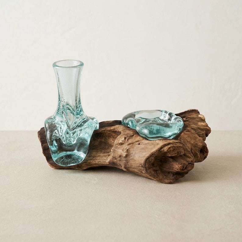 Treibholz-Glasvase mit Teelichthalter – Geschmolzenes Glas auf Holz, rustikales Walddekor, Mini-Blumenvase