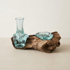 Treibholz-Glasvase mit Teelichthalter – Geschmolzenes Glas auf Holz, rustikales Walddekor, Mini-Blumenvase
