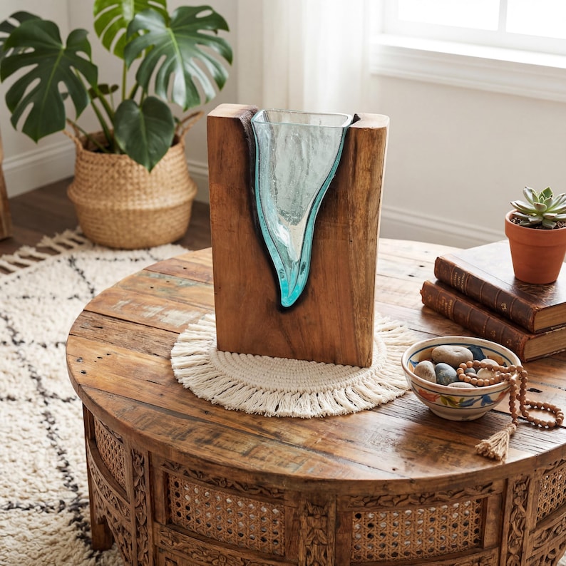 Vertikale Wandvase aus geschmolzenem Glas auf Holz, mundgeblasener Glaspflanzer, rustikale Boho-Dekor, Treibholz-Akzent-Schaustück, kleine Blumenvase