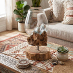 Mundgeblasene Glasvase auf Holzständer, Treibholz-Mittelstück, Boho Wohndekor