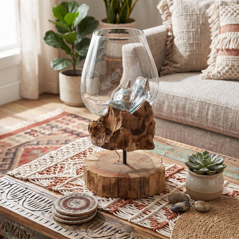 Mundgeblasene Glasvase auf Holzständer, Treibholz-Mittelstück, Boho Wohndekor