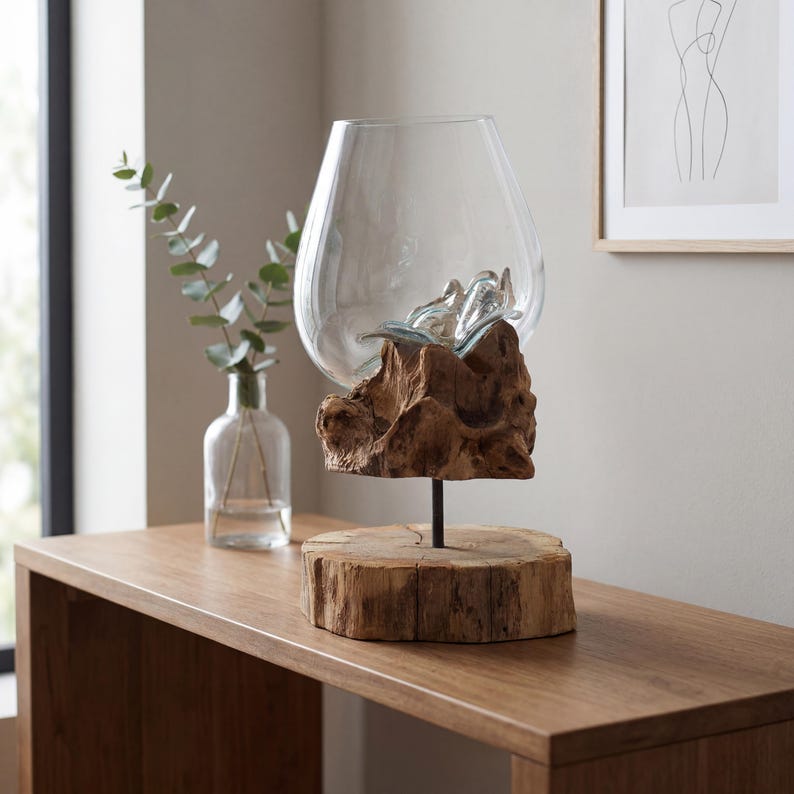 Mundgeblasene Glasvase auf Holzständer, Treibholz-Mittelstück, Boho Wohndekor