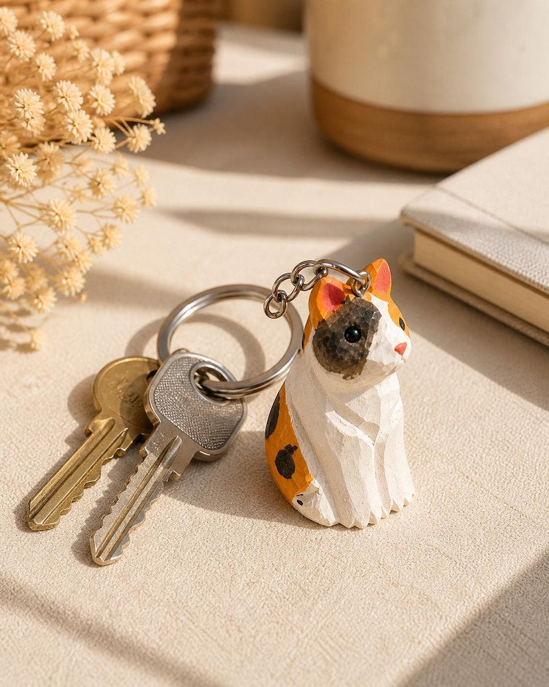 Handgeschnitzte Holzkatze Schlüsselanhänger, Mini Katzenanhänger für Taschen und Rucksäcke, Tierliebhaber Geschenk, Schwarz oder Bunt