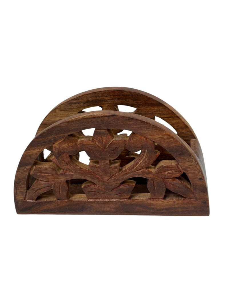 Serviettenhalter aus geschnitztem Holz, floral, rustikal, 18x10 cm, Massivholz