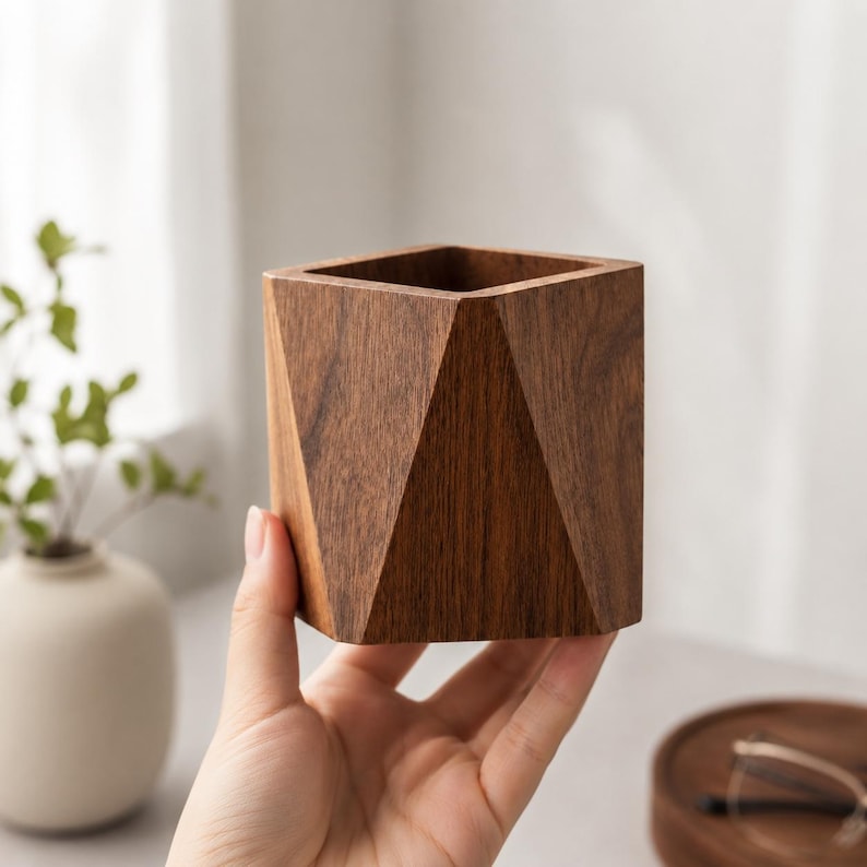 Stifthalter aus Walnussholz, Würfel-Desk-Organizer, Aufbewahrungsbox für Schreibwaren