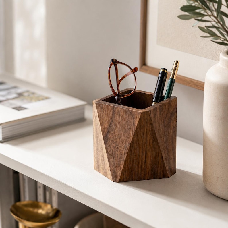 Stifthalter aus Walnussholz, Würfel-Desk-Organizer, Aufbewahrungsbox für Schreibwaren