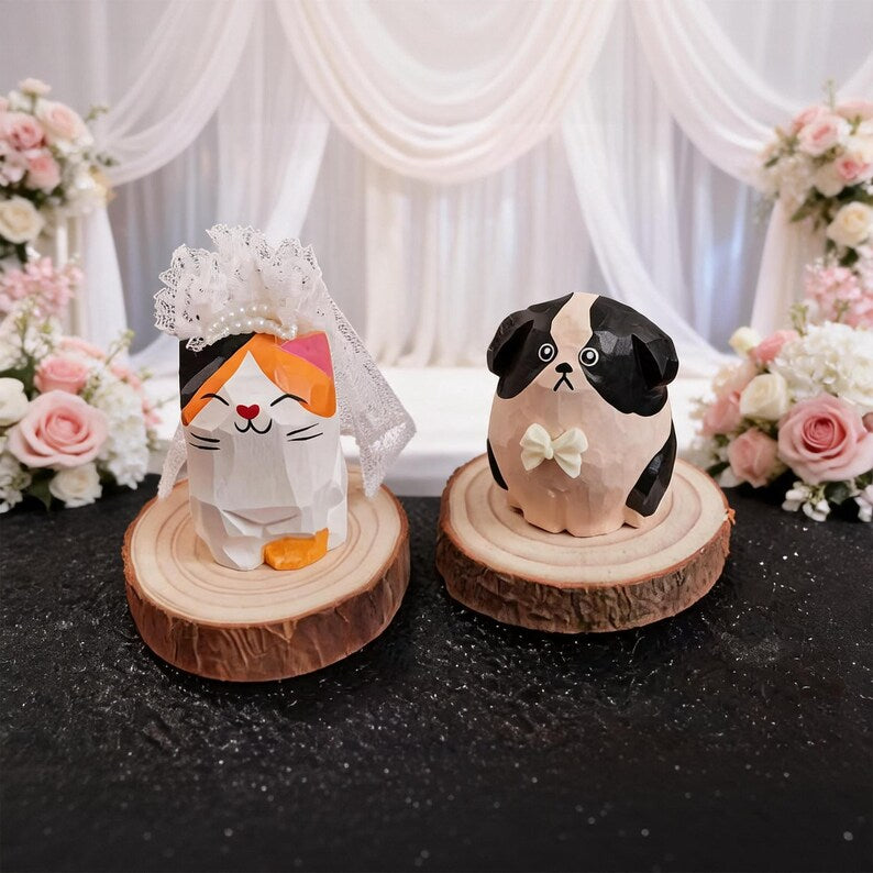 Handgeschnitzte hölzerne Katzen- und Hundeornamente, rustikale Bauernhaus-Boho-Wohnkultur für Schreibtisch