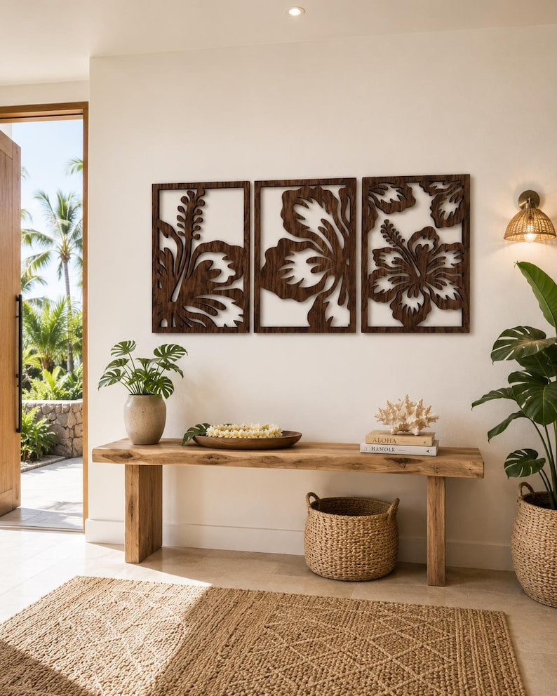 Hawaiianische Hibiskus Holzwandkunst 3er Set Tropische Blume Wohnzimmer Schlafzimmer Wanddeko