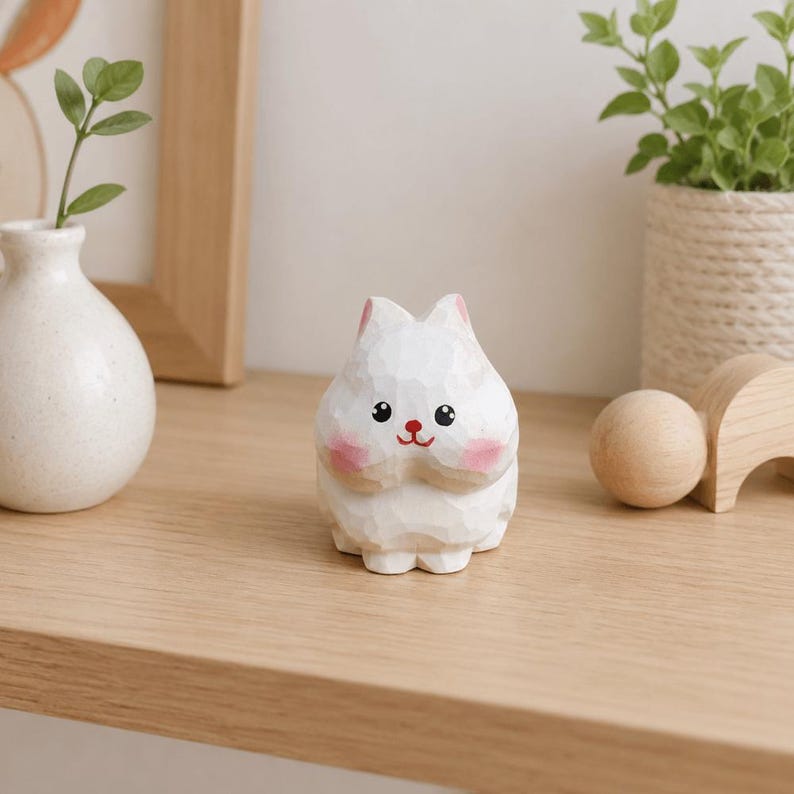 Handgeschnitzte hölzerne Häschenfigurine, Tierschreibtischverzierung, Schreibtischstatuen-Dekor, Kaninchen-Sammlerstück, Schreibtischaccessoire