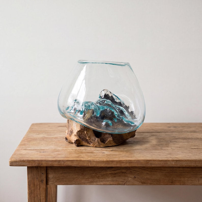 Geschmolzene Glasvase auf natürlichem Treibholzständer, mundgeblasener Glasterrarium-Übertopf, Boho-Küstendekoration, rustikales Waldheimdekor