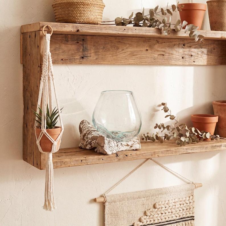 Mundgeblasene Glasvase mit Treibholzständer | Küstenterrarium, Sukkulenten-Pflanzgefäß, Strandhaus-Dekoration