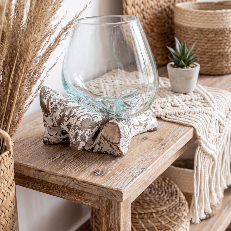 Mundgeblasene Glasvase mit Treibholzständer | Küstenterrarium, Sukkulenten-Pflanzgefäß, Strandhaus-Dekoration