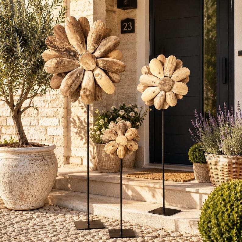 Holzblume auf Metallständer 3 Größen 50-130 cm Massivholz Deko Skulptur