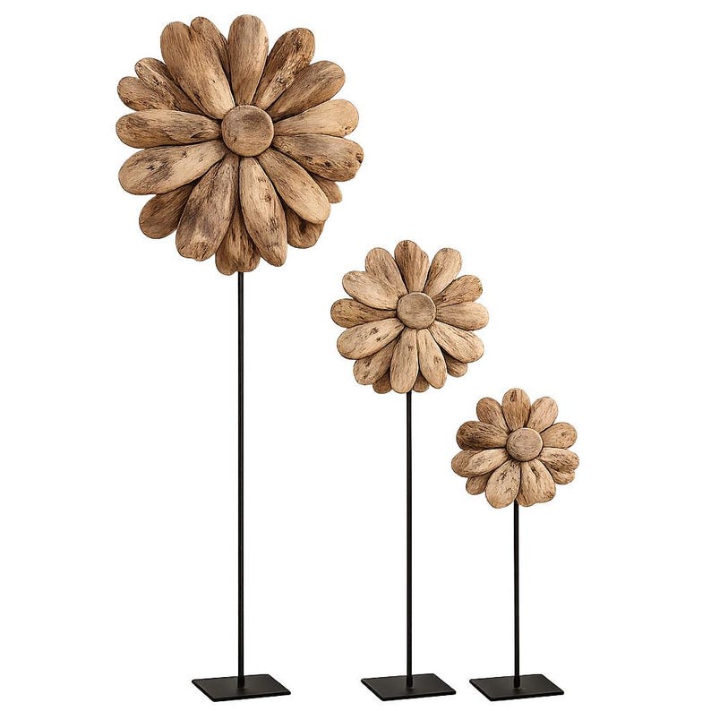 Holzblume auf Metallständer 3 Größen 50-130 cm Massivholz Deko Skulptur