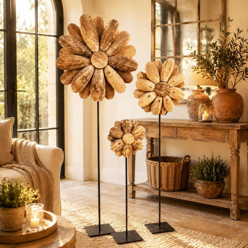 Holzblume auf Metallständer 3 Größen 50-130 cm Massivholz Deko Skulptur