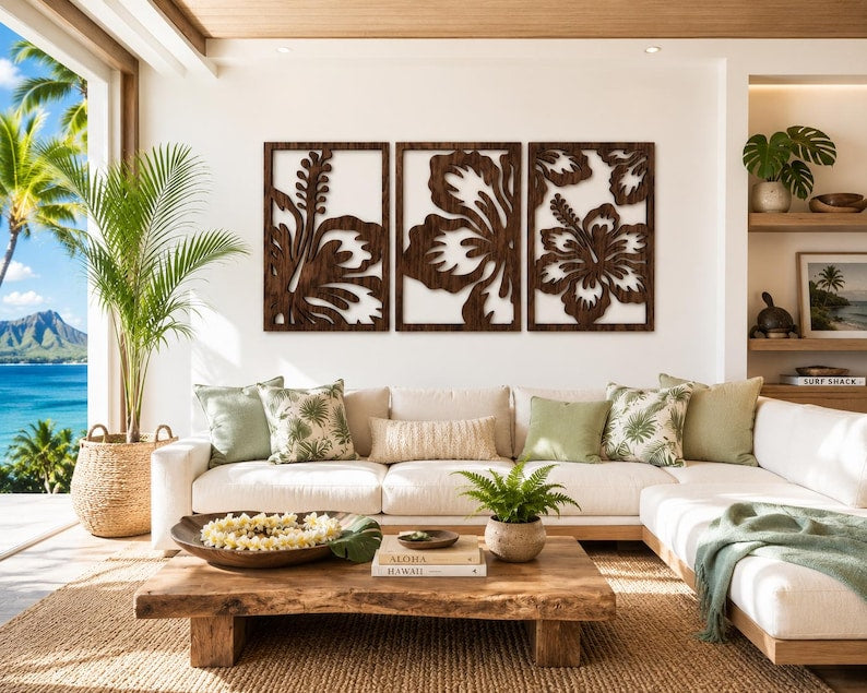 Hawaiianische Hibiskus Holzwandkunst 3er Set Tropische Blume Wohnzimmer Schlafzimmer Wanddeko