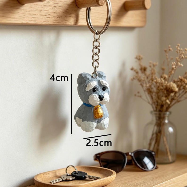 Handgeschnitzte Schnauzer Holzfigur und Schlüsselanhänger, 2 Stile, Taschenanhänger, Hund Accessoire