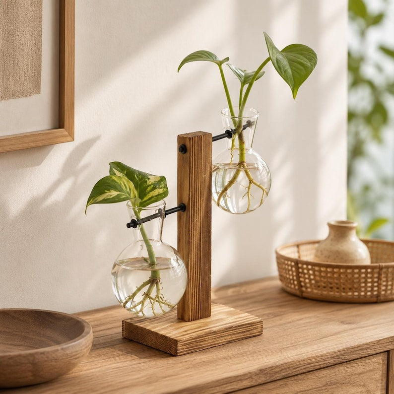 Anzuchtvase Holz Glas Hydrokultur Stecklingsvase Pflanzenhalter Boho Deko