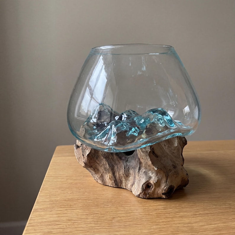 Geschmolzene Glasvase auf natürlichem Treibholzständer, mundgeblasener Glasterrarium-Übertopf, Boho-Küstendekoration, rustikales Waldheimdekor