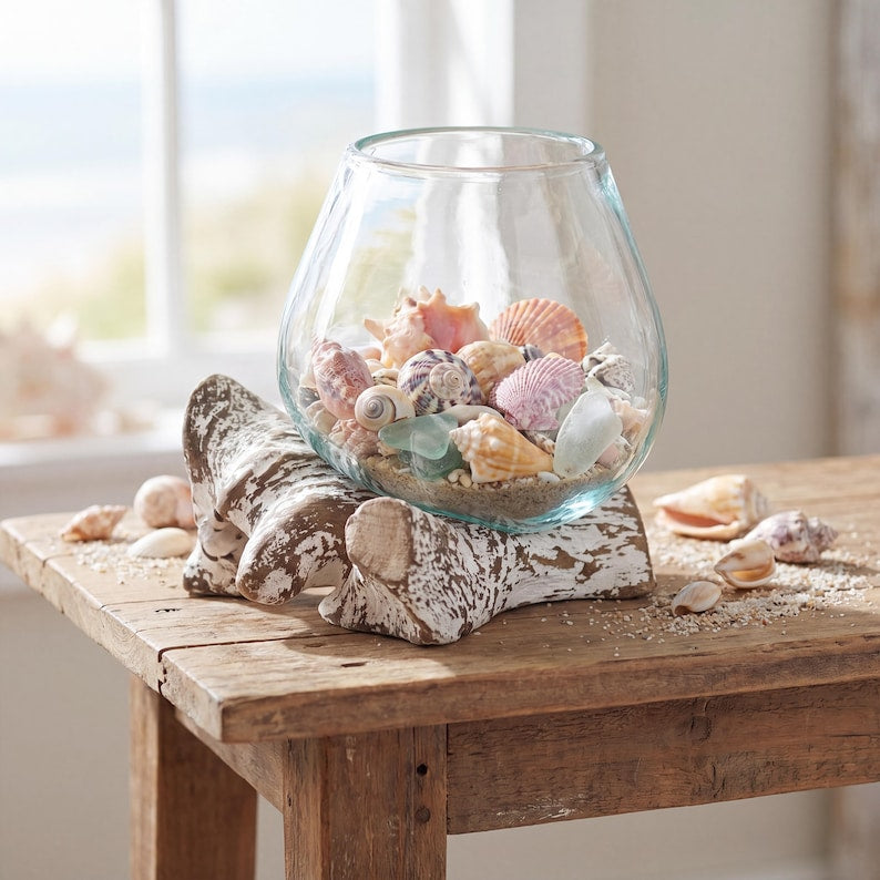 Mundgeblasene Glasvase mit Treibholzständer | Küstenterrarium, Sukkulenten-Pflanzgefäß, Strandhaus-Dekoration