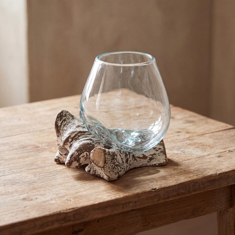 Mundgeblasene Glasvase mit Treibholzständer | Küstenterrarium, Sukkulenten-Pflanzgefäß, Strandhaus-Dekoration