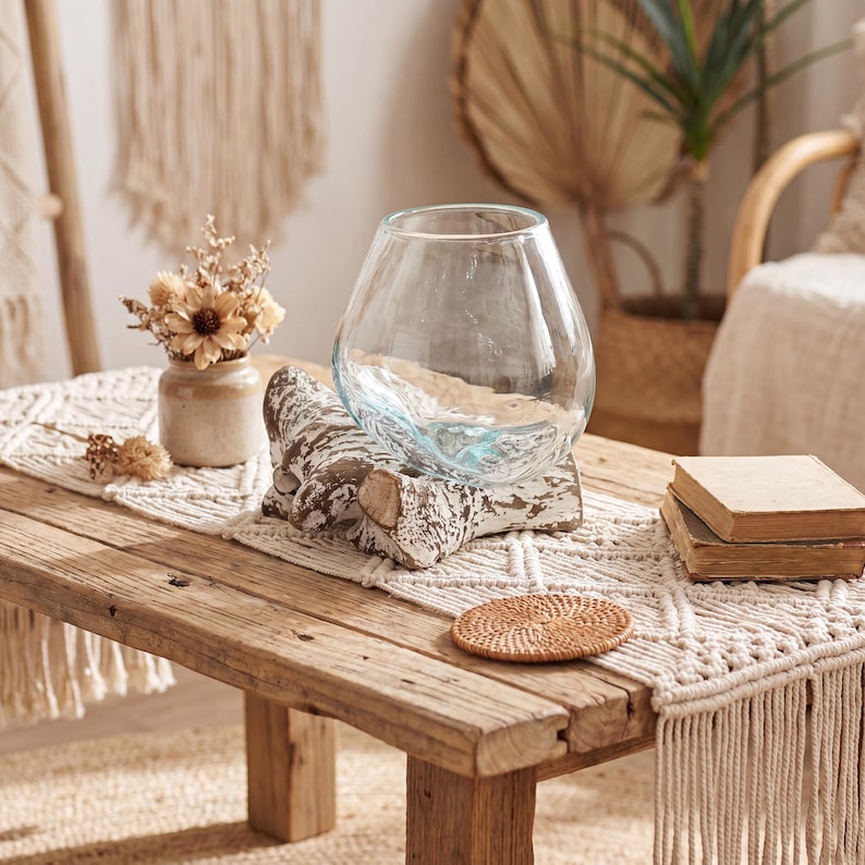 Mundgeblasene Glasvase mit Treibholzständer | Küstenterrarium, Sukkulenten-Pflanzgefäß, Strandhaus-Dekoration