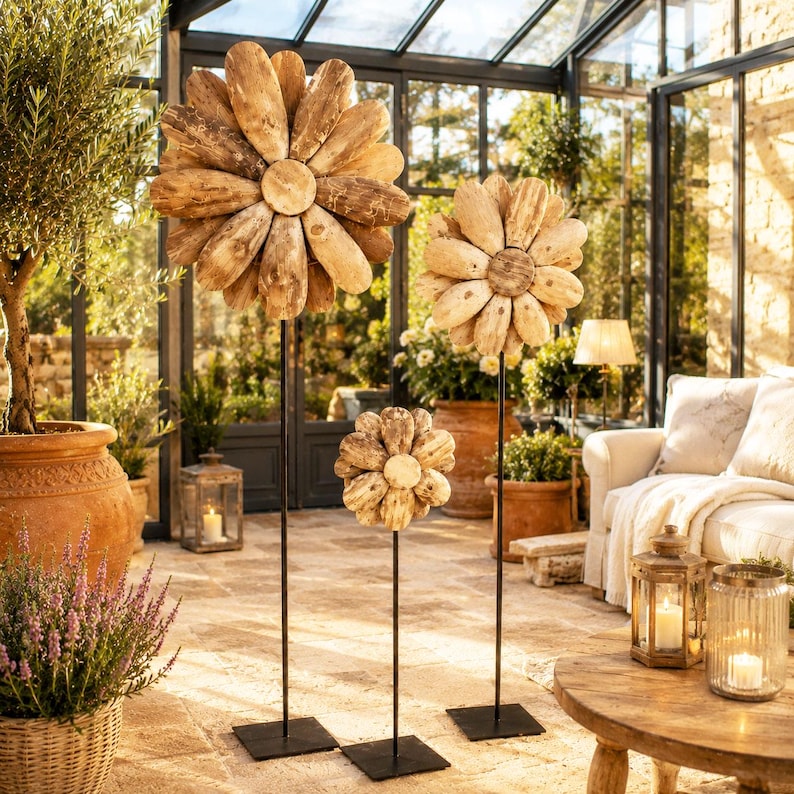 Holzblume auf Metallständer 3 Größen 50-130 cm Massivholz Deko Skulptur