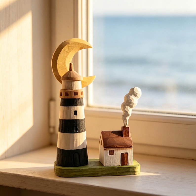 Handgeschnitzte hölzerne Leuchtturm Figur, Halbmond Küsten Cottage Schreibtisch Ornament, nautisches Dekor