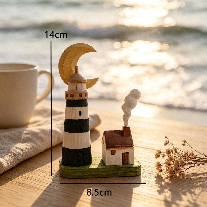 Handgeschnitzte hölzerne Leuchtturm Figur, Halbmond Küsten Cottage Schreibtisch Ornament, nautisches Dekor