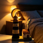 Handgeschnitzte hölzerne Leuchtturm Figur, Halbmond Küsten Cottage Schreibtisch Ornament, nautisches Dekor