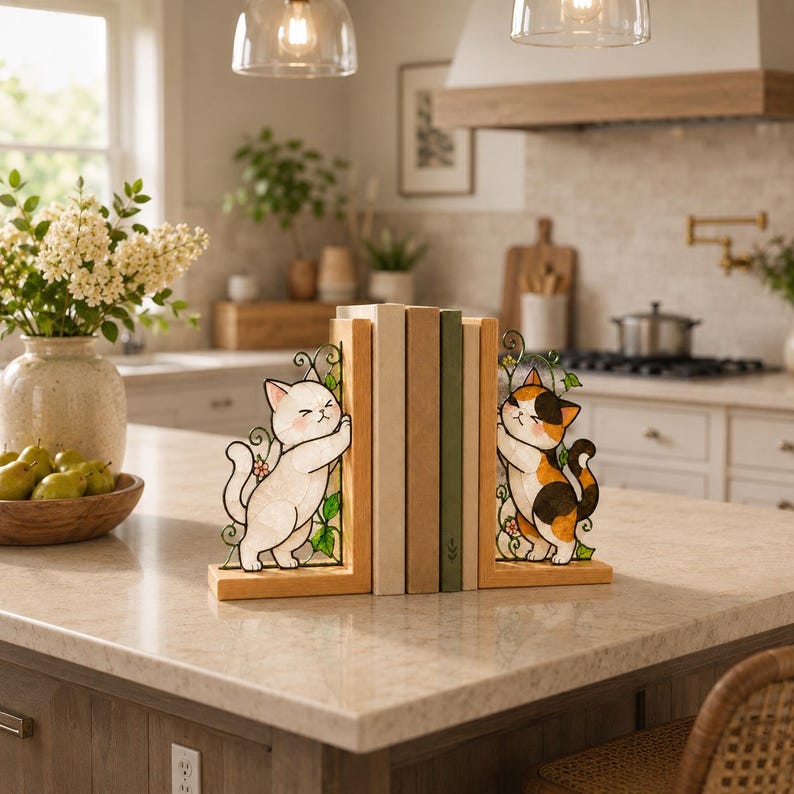 Katzen Buchstützen Glasmalerei Stil Holz Buchständer, Katzen Bücherregal Dekor, Katzenliebhaber Geschenk, Home Office Dekoration