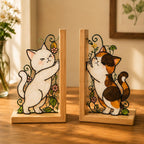 Katzen Buchstützen Glasmalerei Stil Holz Buchständer, Katzen Bücherregal Dekor, Katzenliebhaber Geschenk, Home Office Dekoration